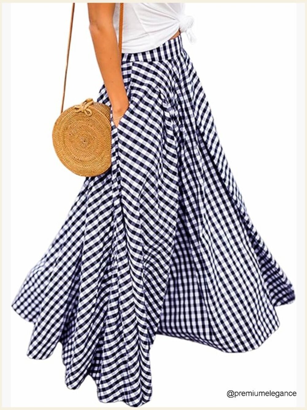 Gingham Maxi Skirt High Waist Pleated A-Line Flowy Checkered Skirt Summer